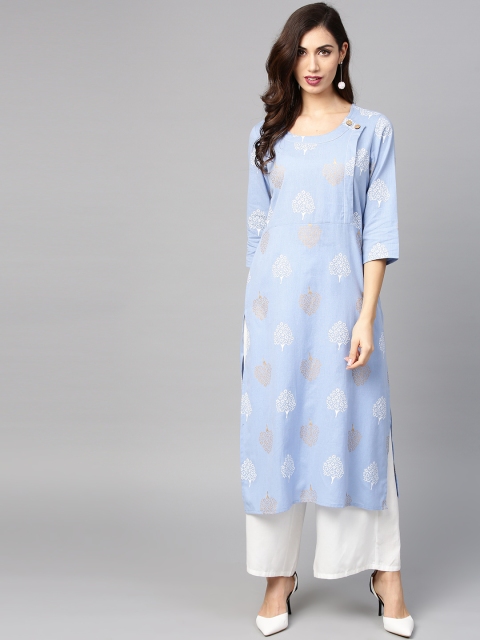 

Nayo Women Blue & White Printed Straight Kurta