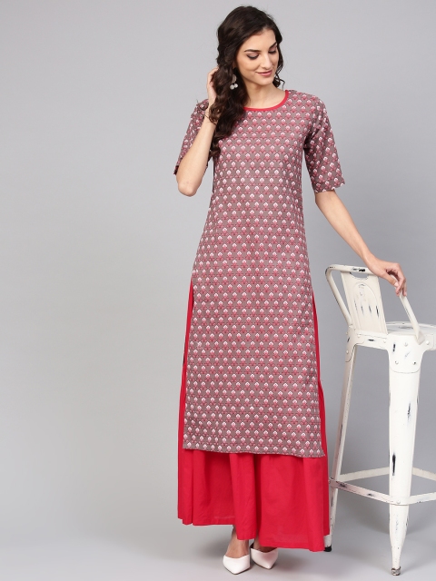 

Nayo Women Coffee Brown & Red Printed Kurta with Palazzos
