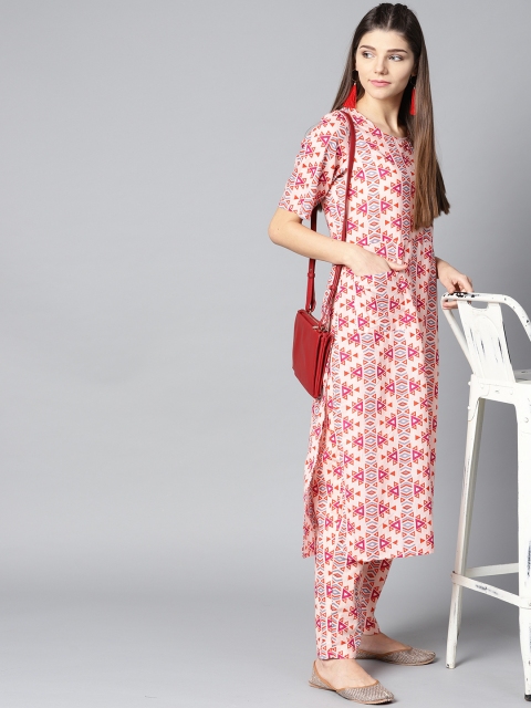 

Nayo Women Peach-Coloured & Magenta Printed Kurta with Trousers