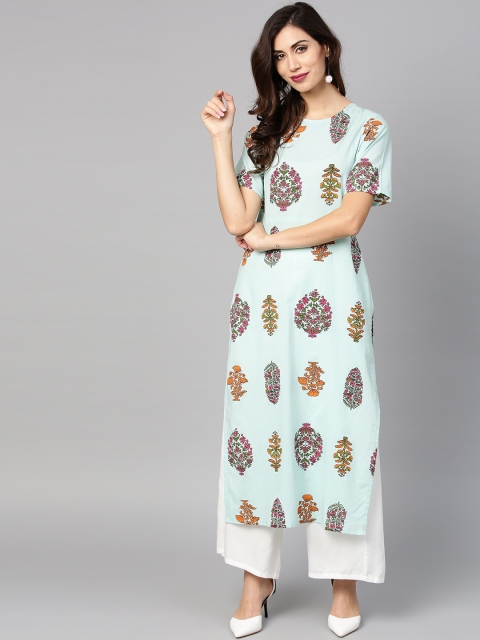

Nayo Women Mint Green & Orange Printed Straight Kurta