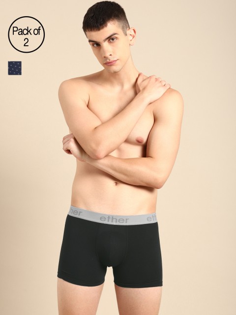 

ether Men Pack of 2 Black & Blue Premium Cotton Ultrasoft Trunks ETHR-TRNK-PK2-002A