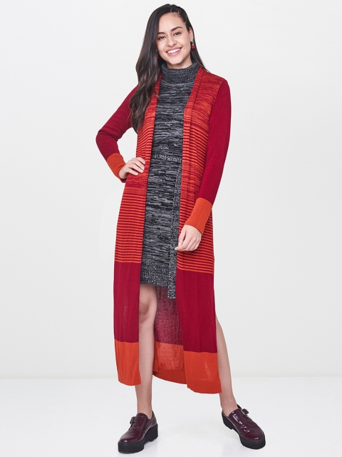 

Global Desi Maroon Striped Open Front Shrug