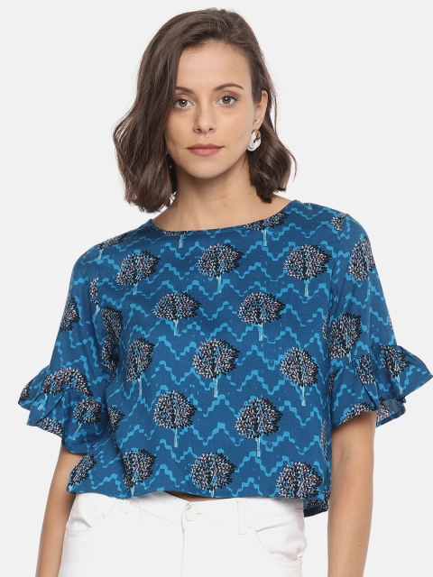 

Global Desi Women Blue Printed Regular Crop Top