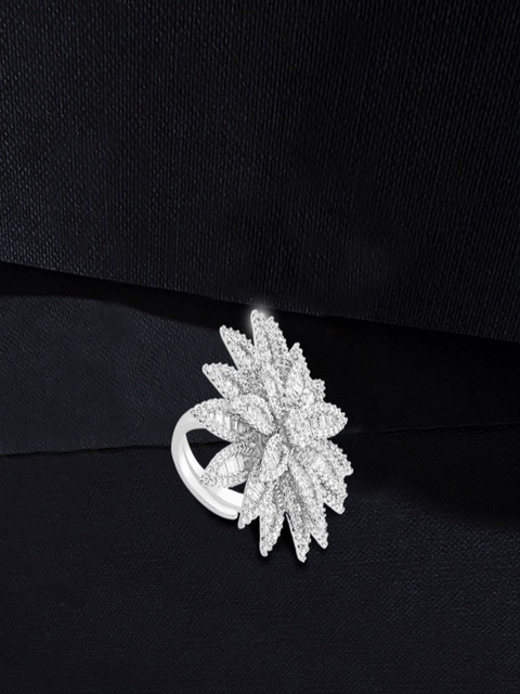 

shaze Women Silver-Toned Floral Stone-Studded Cocktail Ring