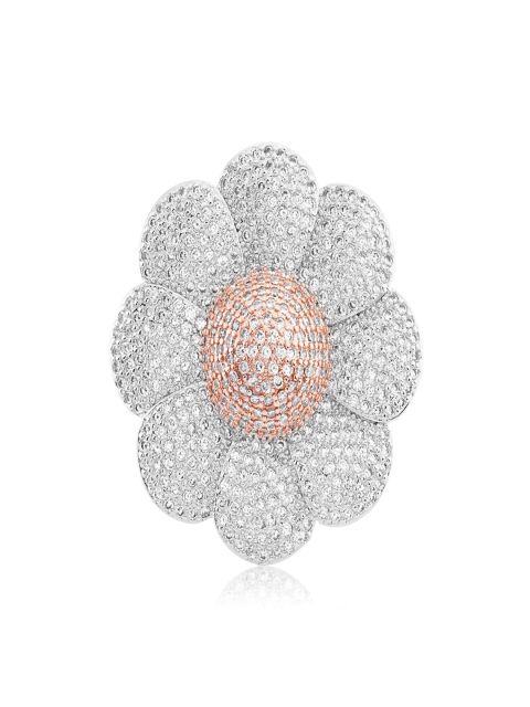 

shaze Women Silver-Toned Floral Stone-Studded Cocktail Ring