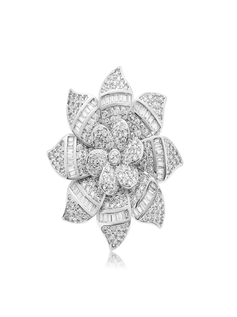 

shaze Women Silver-Toned Floral CZ Stone-Studded Cocktail Ring