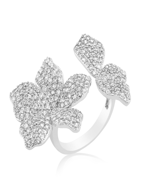 

shaze Women Silver-Toned Floral Stone-Studded Cocktail Ring