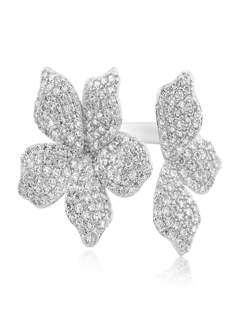 

shaze Women Silver-Toned Floral Stone-Studded Cocktail Ring