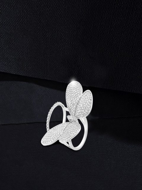 

shaze Women Silver-Toned Butterfly-Shaped Stone-Studded Cocktail Ring
