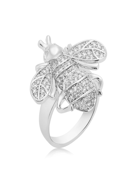 

shaze Women Silver-Toned Bee-Shaped Stone-Studded Cocktail Ring