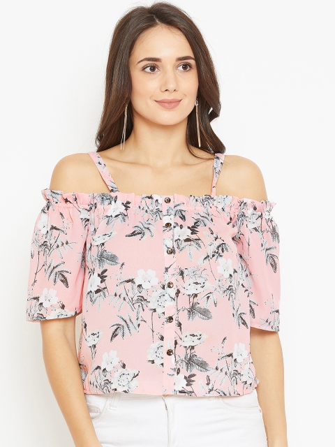 

Rue Collection Women Pink & Mint Green Printed Bardot Top