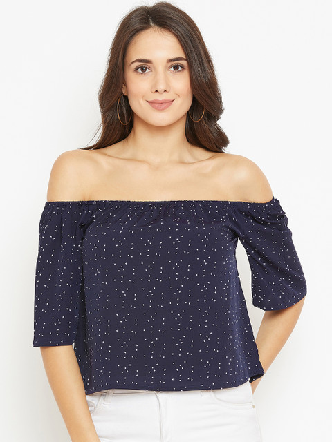 

Rue Collection Women Navy Blue & White Printed Bardot Top