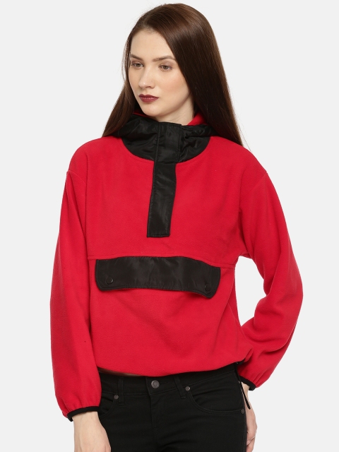 

FOREVER 21 Women Red Solid Hooded Sweatshirt