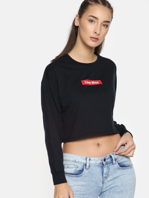 

FOREVER 21 Women Navy Blue Printed Round Neck T-shirt