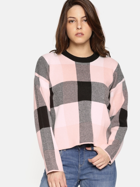 

FOREVER 21 Women Black & Pink Checked Pullover