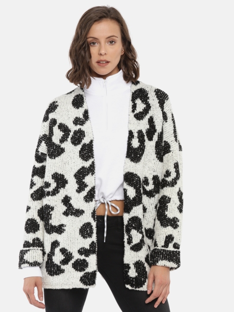 

FOREVER 21 Women White & Black Printed Front-Open Sweater