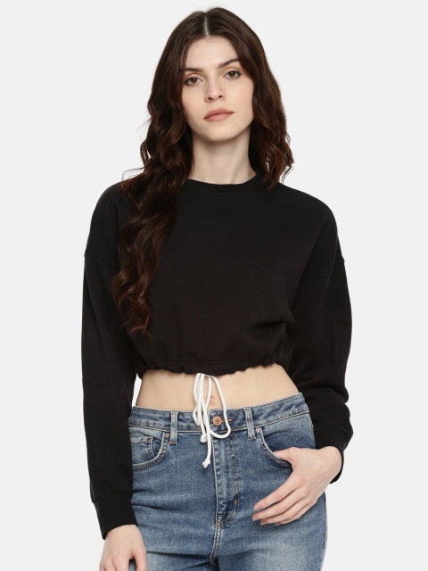 

FOREVER 21 Women Black Solid Crop Sweatshirt