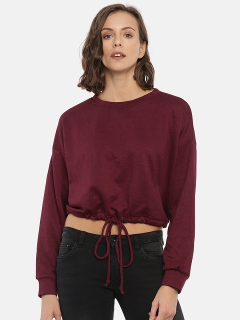 

FOREVER 21 Women Burgundy Solid Cropped Sweatshirt