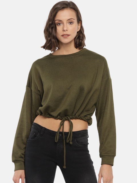 

FOREVER 21 Women Olive Green Solid Cropped Sweatshirt