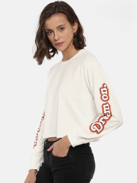 

FOREVER 21 Women White Printed Cropped Sweatshirt