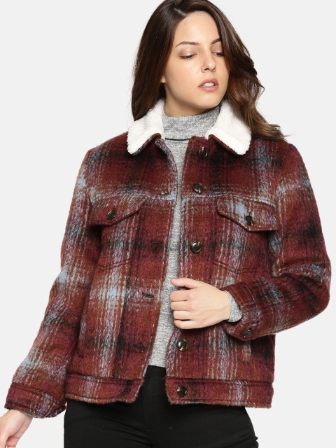 

FOREVER 21 Women Maroon Checked Tailored Jacket