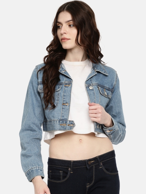 

FOREVER 21 Women Blue Solid Denim Crop Jacket