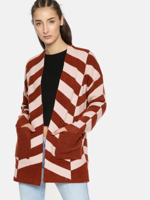 

FOREVER 21 Women Rust Brown & Peach-Coloured Striped Front-Open
