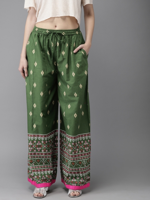 

Moda Rapido Women Green & Yellow Ethnic Printed Wide Leg Palazzos