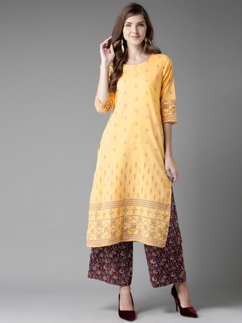 

HERE&NOW Women Yellow Printed Straight Kurta