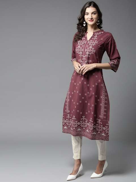 

HERE&NOW Women Burgundy & Off-White Printed Kurta with Trousers