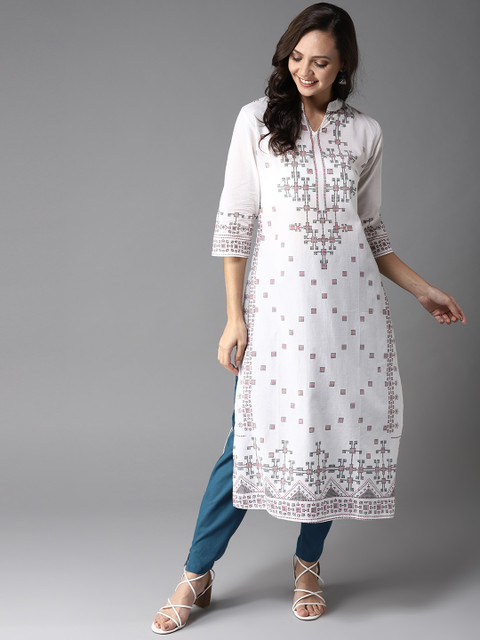 

HERE&NOW Women White & Teal Blue Printed Kurta with Trousers