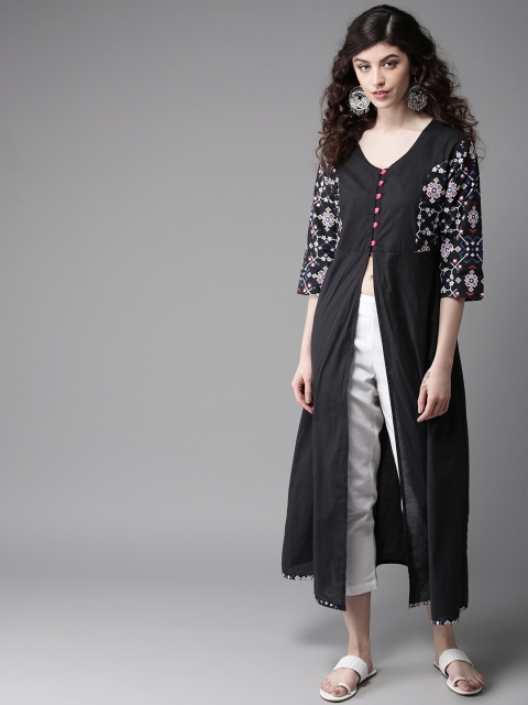 

Moda Rapido Women Black High-Slit Solid A-Line Kurta