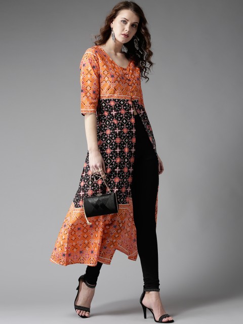 

Moda Rapido Women Orange & Black Printed A-Line Kurta