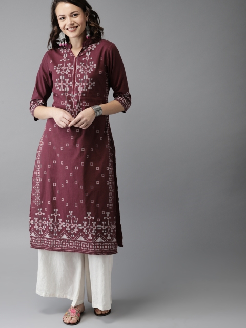 

HERE&NOW Women Burgundy & White Printed Straight Kurta