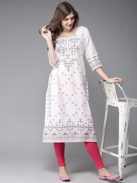 

HERE&NOW Women Off-White & Black Printed Straight Kurta