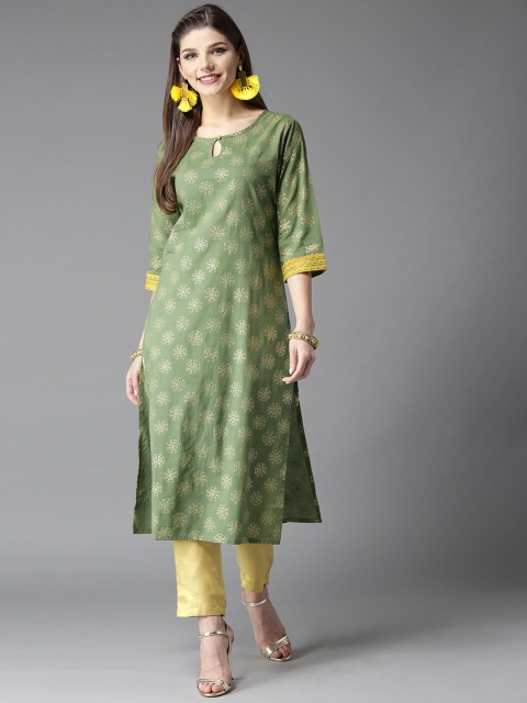 

HERE&NOW Women Olive Green & Golden Printed Straight Kurta