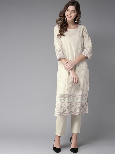

HERE&NOW Women Off-White & Red Printed Straight Kurta