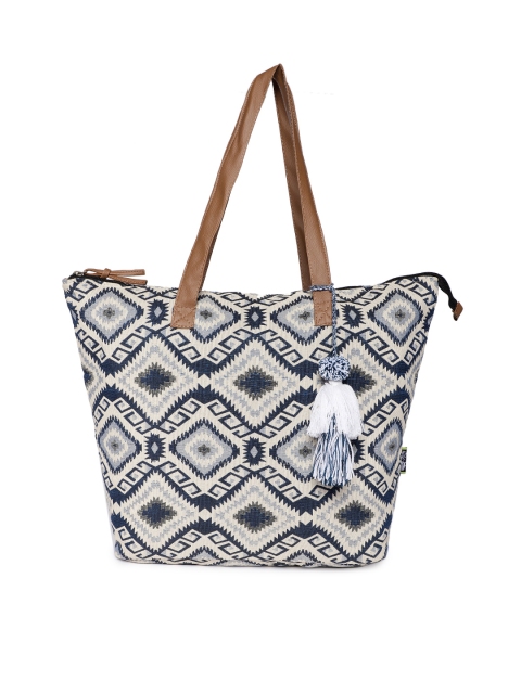 

Kanvas Katha Blue & Off-White Self Design Tote Bag