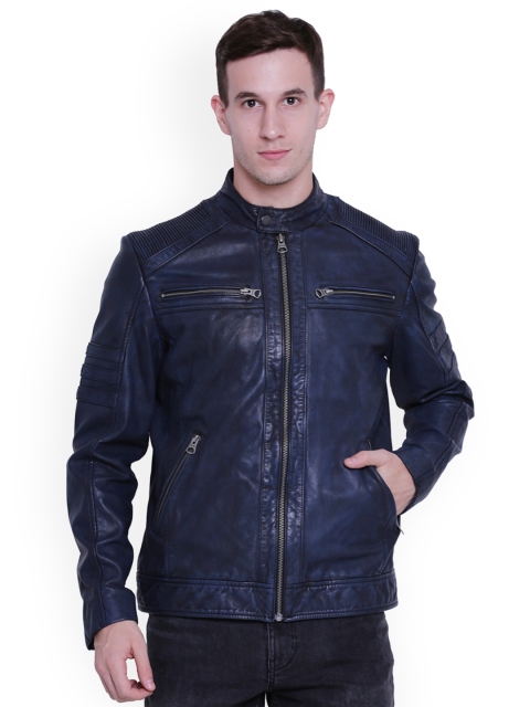 

Justanned Men Navy Blue Solid Biker Jacket