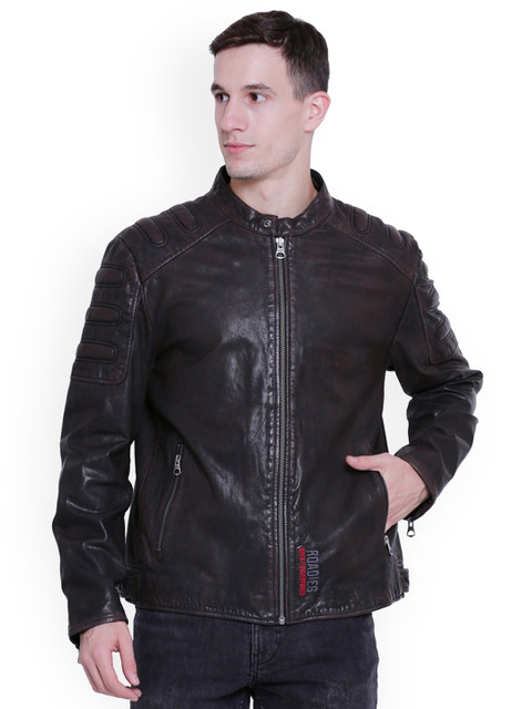 

Justanned Men Navy Blue Solid Biker Jacket