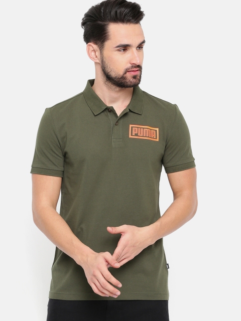 

Puma Men Olive Green Solid Graphic Pique Polo Collar T-shirt