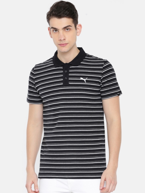 

Puma Men Black & White Striped Slim Fit DRY-CELL ESS Stripe Pique Polo T-shirt