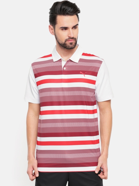 

Puma Men White & Red Performance Fit Turf Stripe Polo Dry-Cell Striped T-shirt