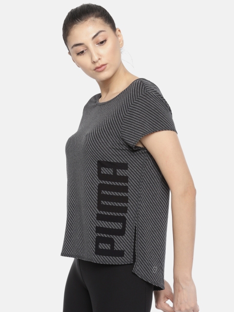 

Puma Women Charcoal Grey & Black Striped Dancer Drapey Tee Dry-Cell Styled Back Top
