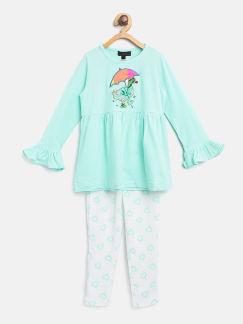 

pspeaches Girls Sea Green & White Solid Top with Leggings