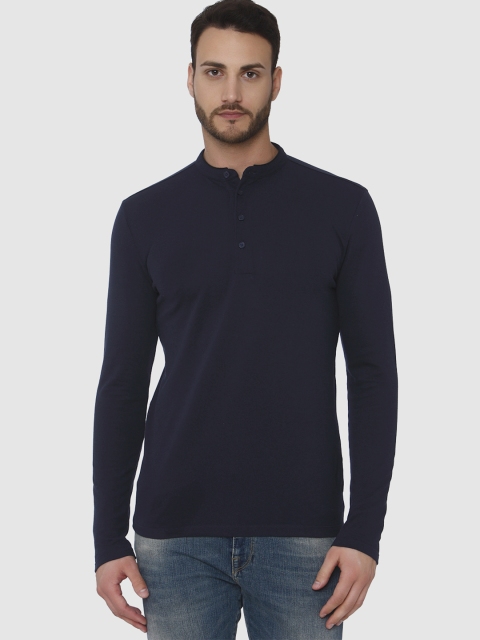 

SELECTED Men Navy Blue Mandarin Collar T-shirt