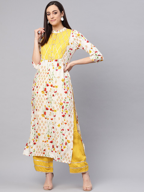 

Idalia Women White & Yellow Printed Kurta with Trousers