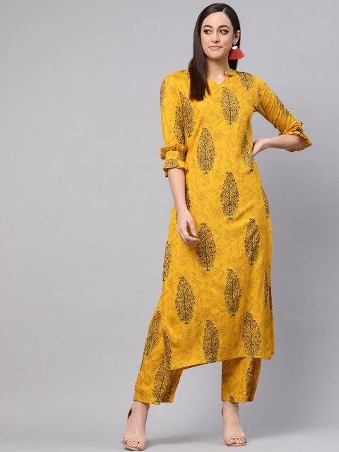 

Idalia Women Mustard Yellow & Green Printed Kurta with Trousers