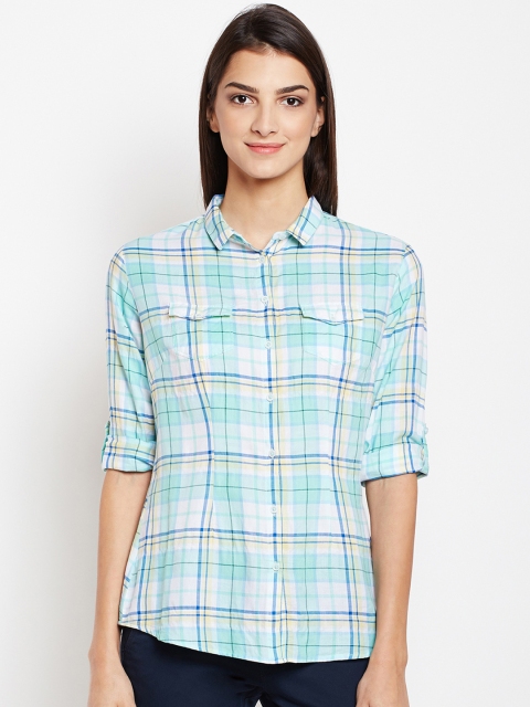 

Crimsoune Club Women Turquoise Blue & White Slim Fit Checked Casual Shirt