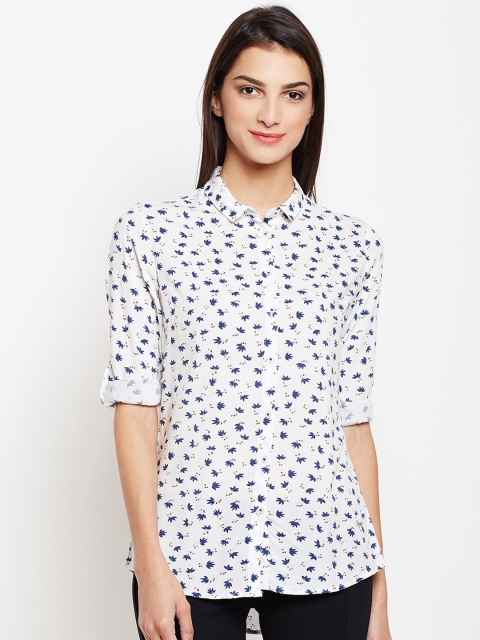 

Crimsoune Club Women White & Blue Slim Fit Printed Casual Shirt